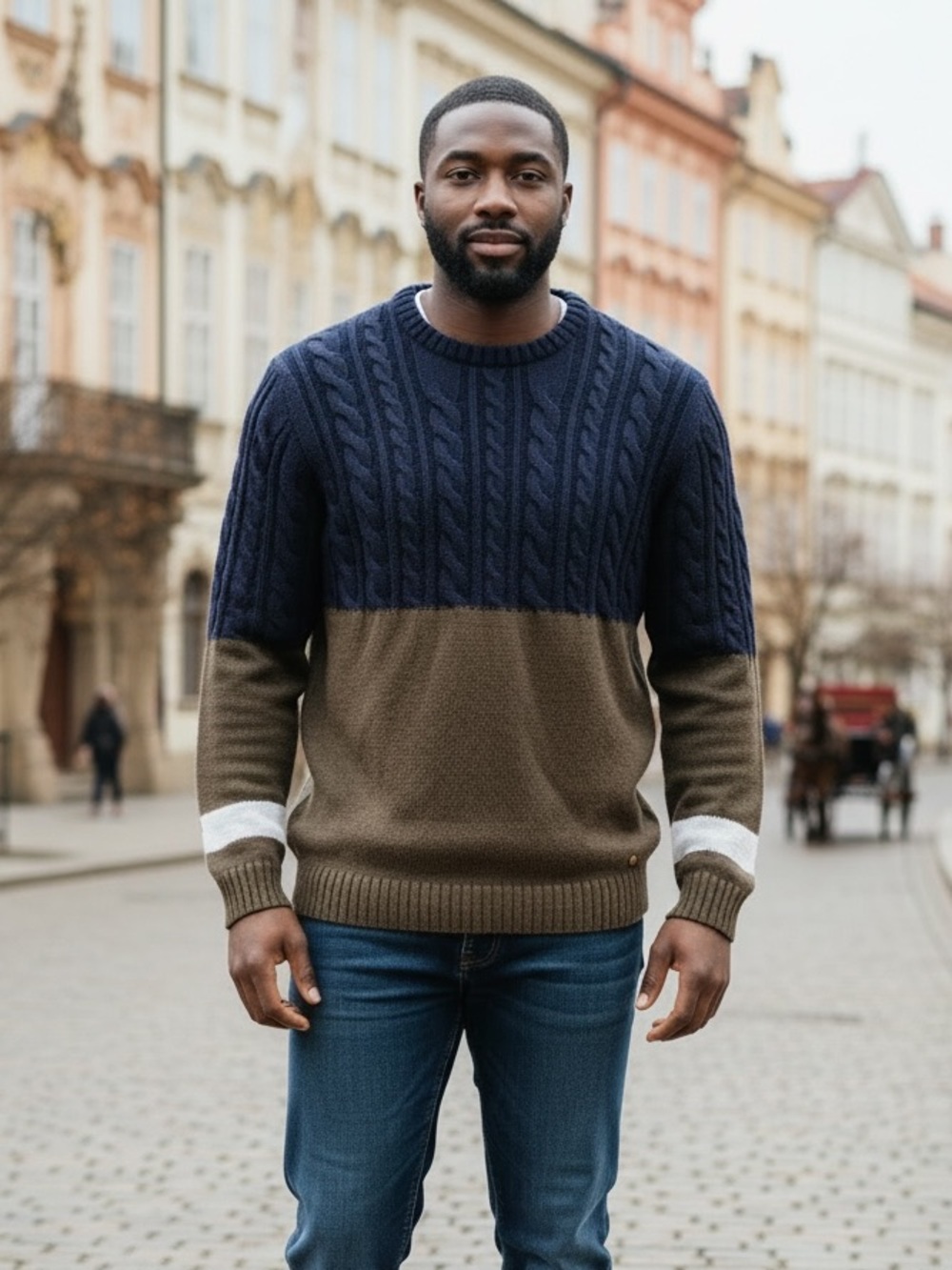 Les Copains Two-Tone Crewneck Sweater in Navy & Brown with White Stripe size XXL